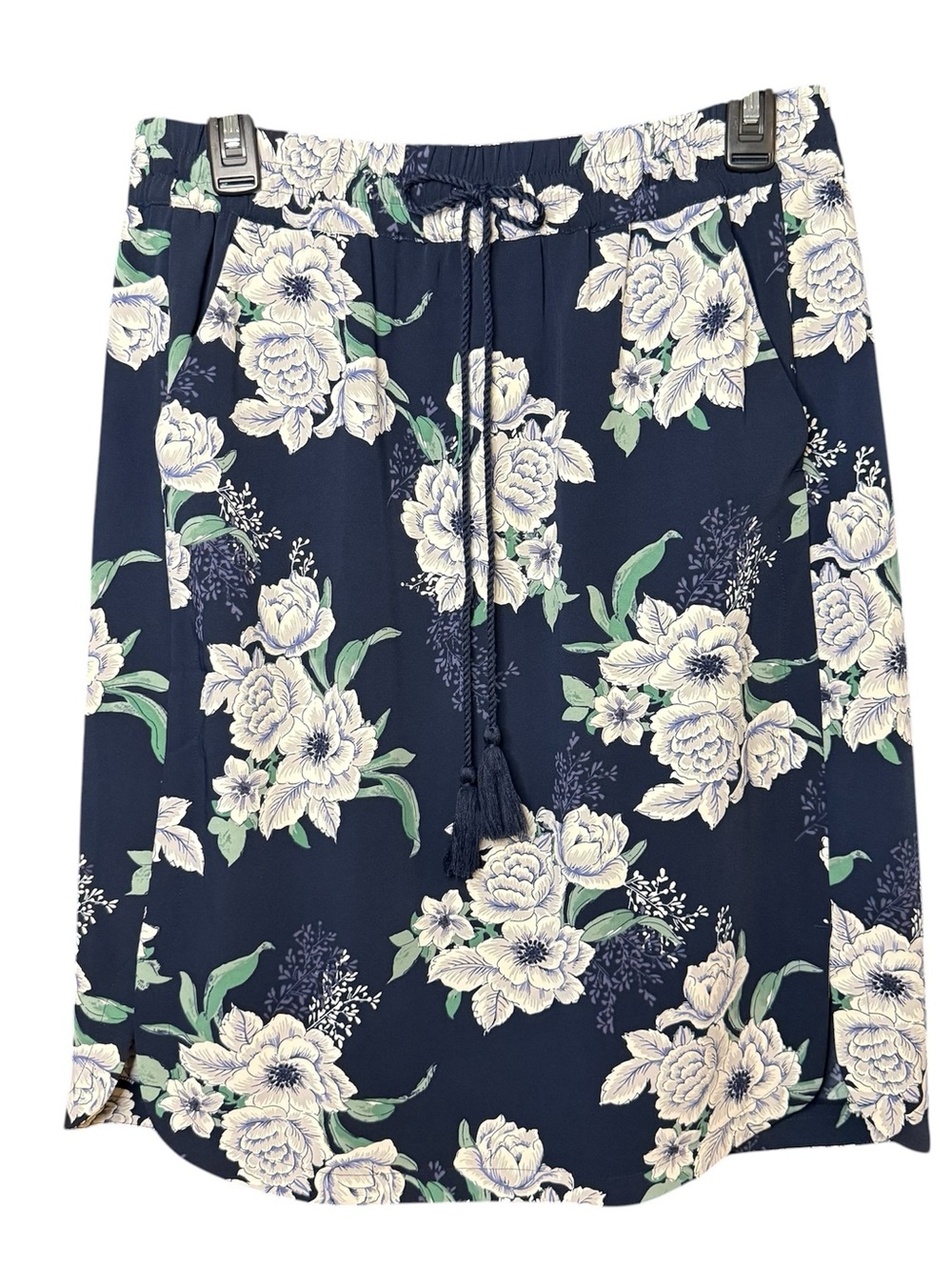 Ann Taylor LOFT Navy Floral Drawstring Skirt